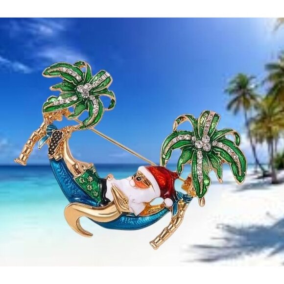 Palm tree Santa Brooch Pin New Beach Bound Coming to Coast Island Town V… - Picture 4 of 12